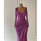 Sequins V-Neck Long Sleeve Ruched Side Slit Sheath Formal Prom Dress