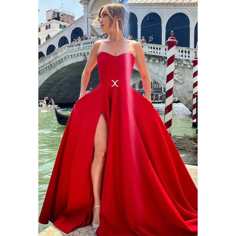 Vestido de noche largo de fiesta con escote en forma de A, sin tirantes y abertura en el muslo