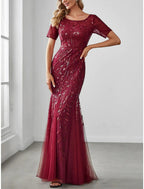 Vestido de sirena/trompeta para madre de la novia, para invitada de boda, brillo y resplandor, elegante, cuello joya, largo hasta el suelo, lentejuelas, manga corta con pliegues, lentejuelas