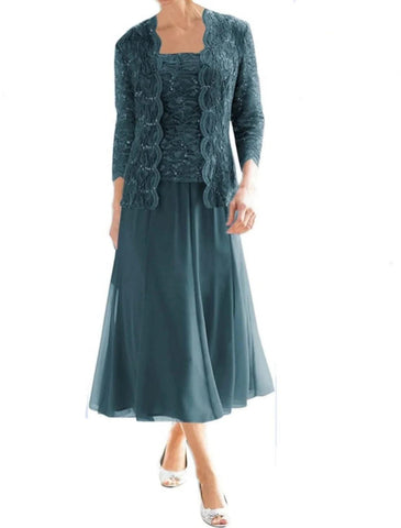 Vestido de madre de la novia de dos piezas, estilo tubo/columna, con brillo y brillo, estilo vintage, elegante, escote cuadrado, largo hasta la rodilla, de gasa, encaje, manga 3/4 con pliegues y lentejuelas