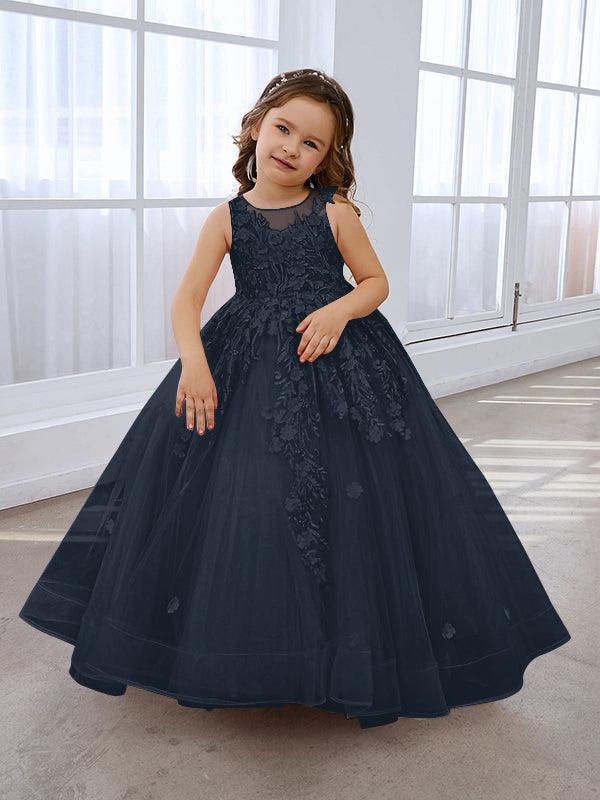 Vestido de princesa rosa para niña con apliques de encaje 
