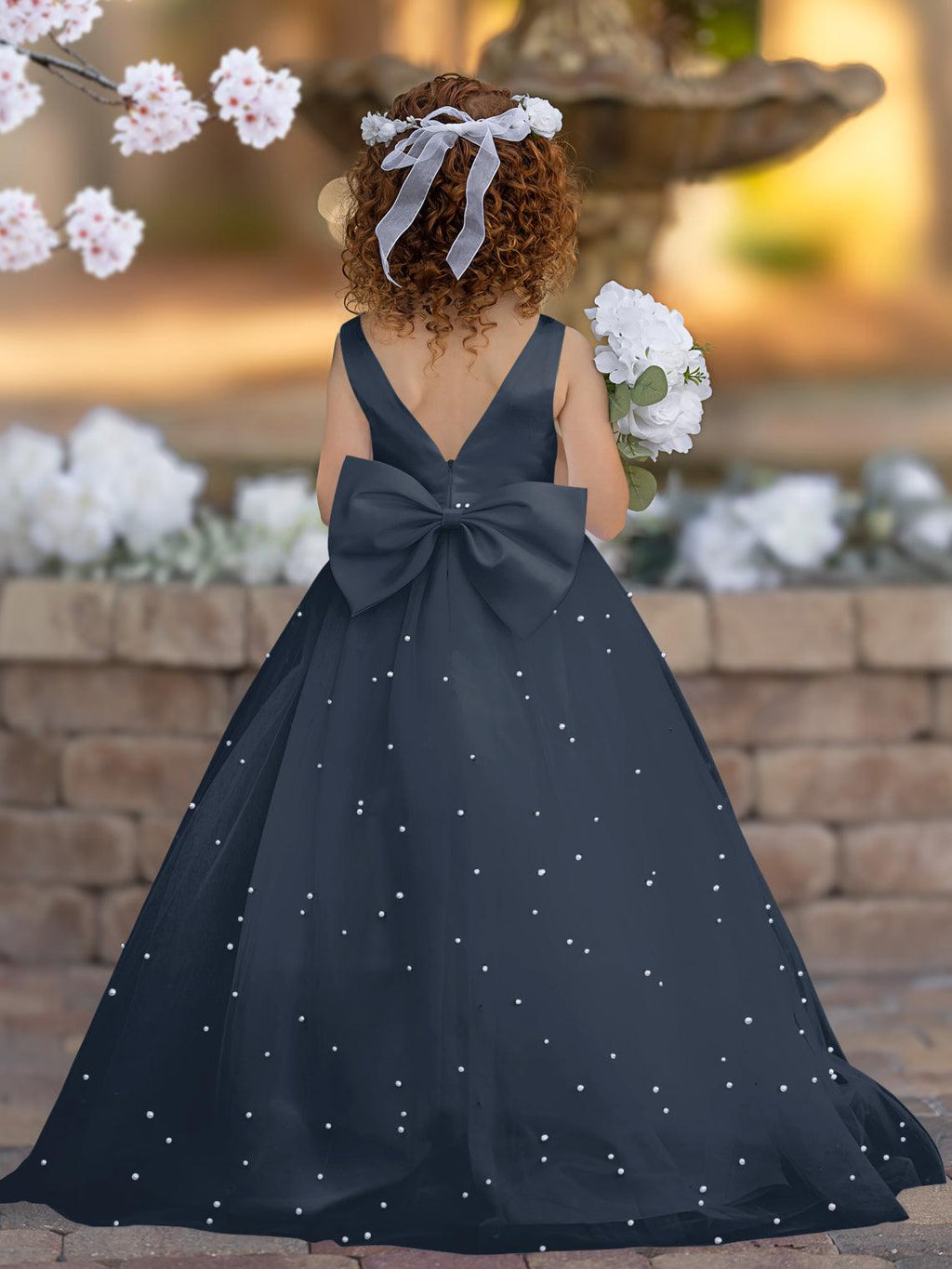 Elegante vestido de princesa de satén y tul para niña de las flores 