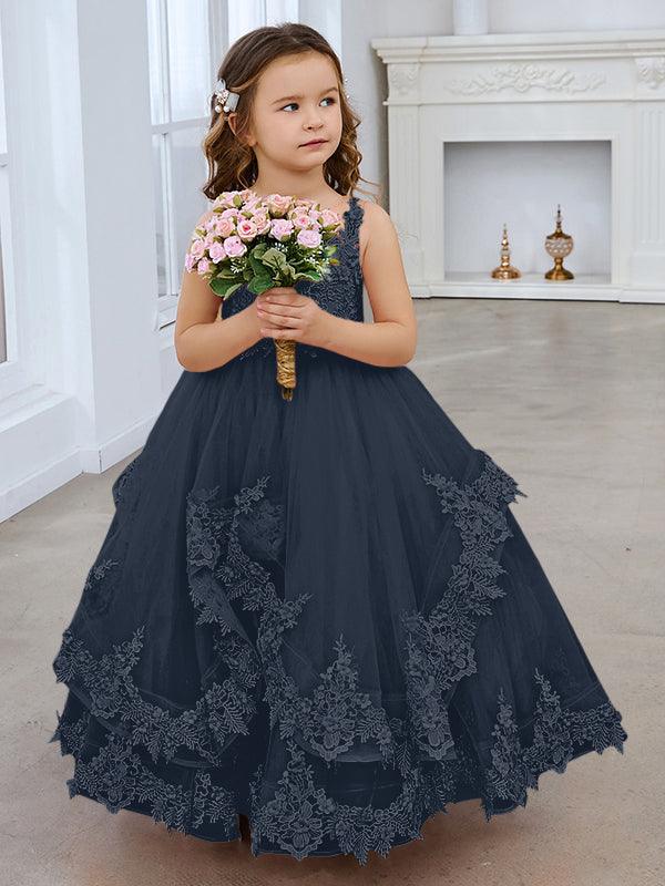 Vestido de princesa de tul sin mangas con apliques de encaje y cola larga para niñas 