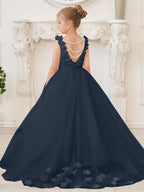 Elegante vestido de niña de las flores de tul blanco con cola larga 