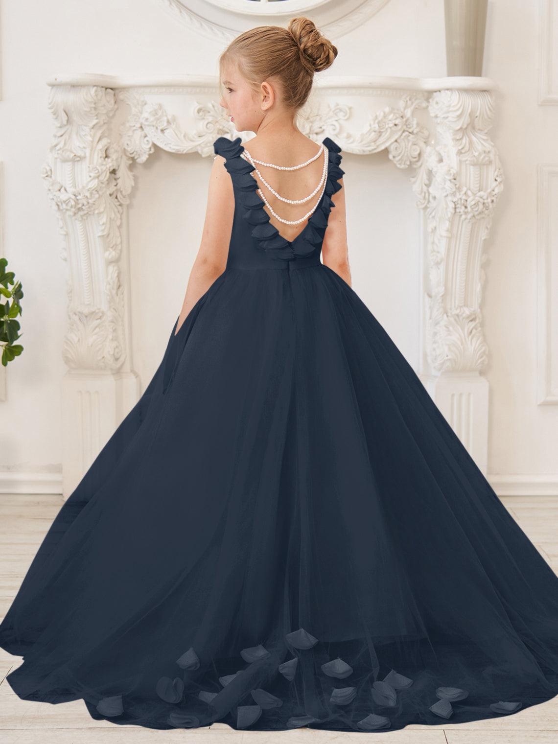 Elegante vestido de niña de las flores de tul blanco con cola larga 