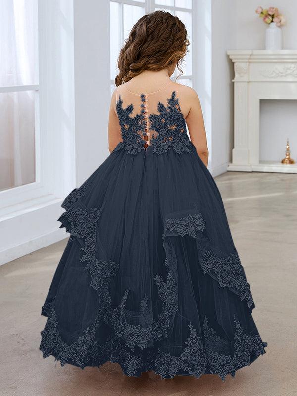 Vestido de princesa de tul sin mangas con apliques de encaje y cola larga para niñas 