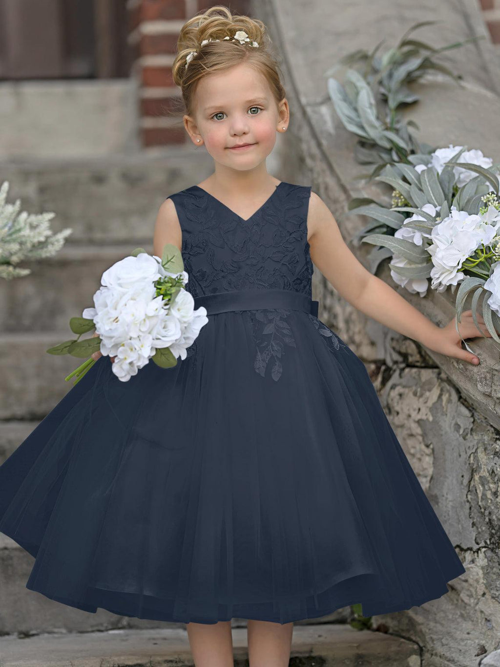 Vestido de niña de las flores sin mangas con encaje de tul hasta la rodilla 