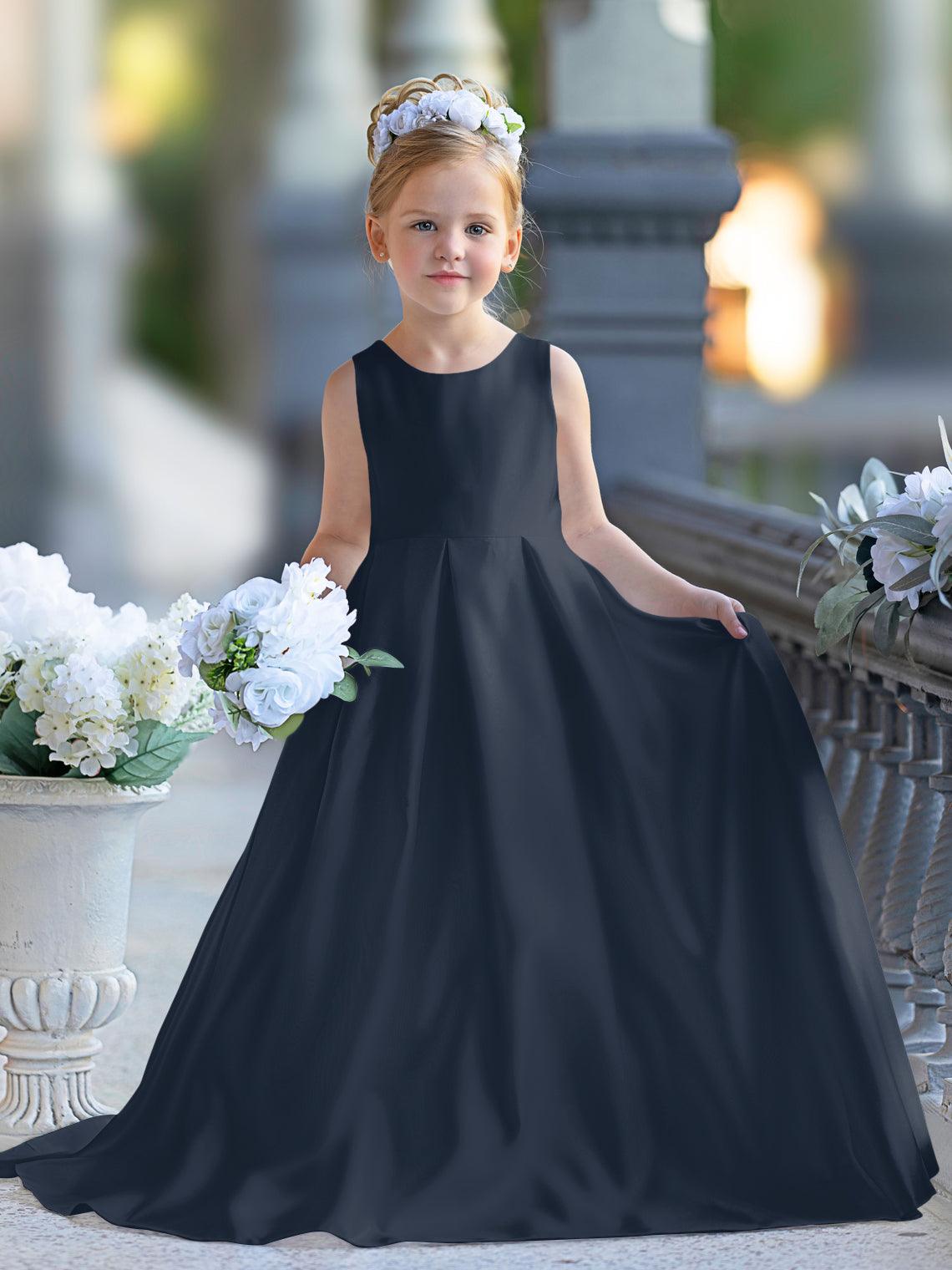 blue dress for baby girl White Satin A Line Flower Girl Dress Backless With Bow -