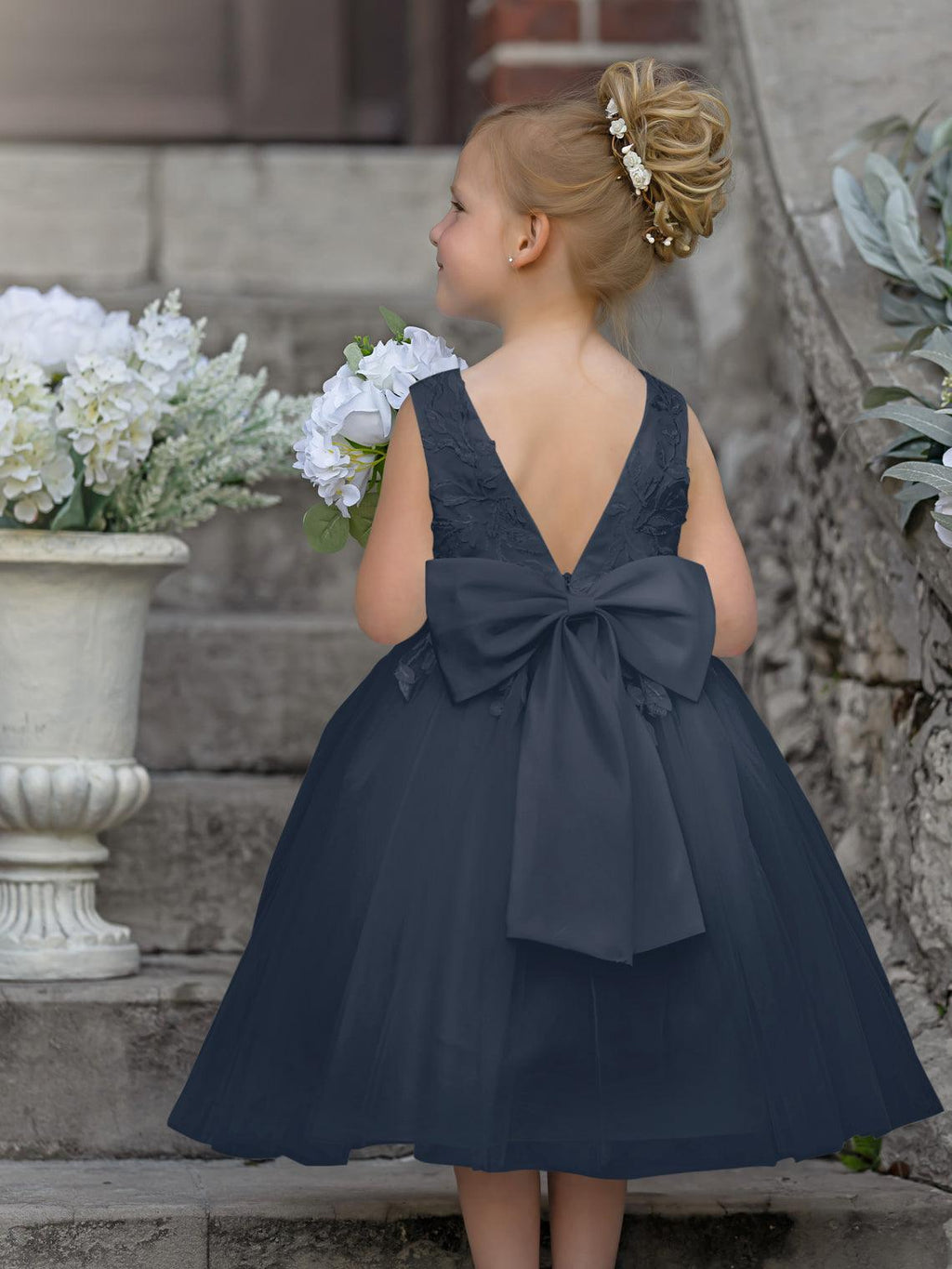 Vestido de niña de las flores sin mangas con encaje de tul hasta la rodilla 