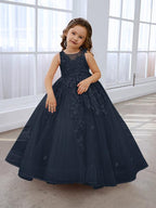 Vestido de princesa rosa para niña con apliques de encaje 