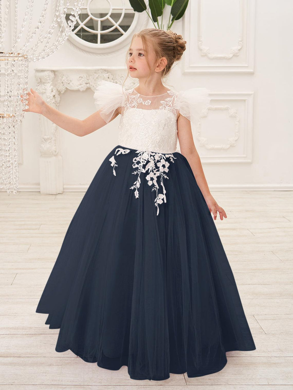 Vestido de niña de las flores con cola larga y tul con encaje desmontable 