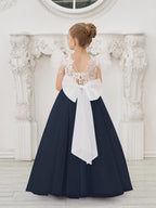 Vestido de niña de las flores con cola larga y tul con encaje desmontable 