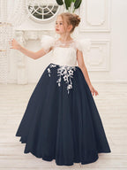 Abnehmbares Blumenmädchenkleid aus Spitze und Tüll mit Schleppe 