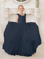 Elegante vestido de niña de las flores de tul blanco con cola larga 