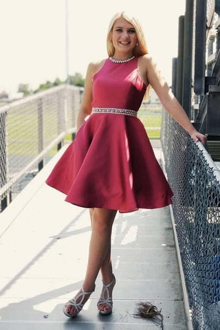 Dunkelrote Homecoming-Kleider mit Tasche, offenem Rücken, kurzes Ballkleid PD269
