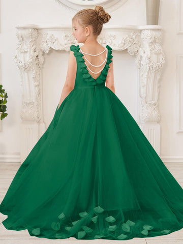 Elegantes weißes Tüllkleid für Blumenmädchen mit Schleppe 