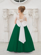 Vestido de niña de las flores con cola larga y tul con encaje desmontable 