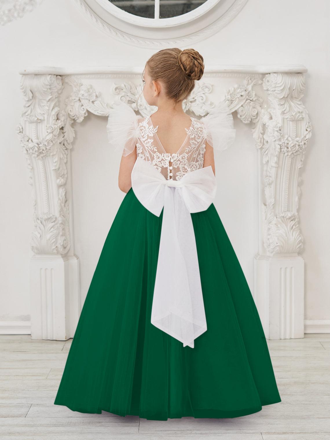 Vestido de niña de las flores con cola larga y tul con encaje desmontable 