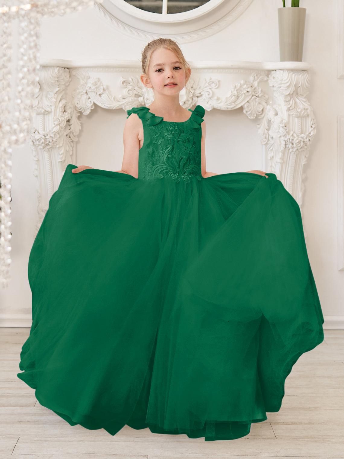 Elegante vestido de niña de las flores de tul blanco con cola larga 