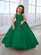 Vestido de princesa rosa para niña con apliques de encaje 