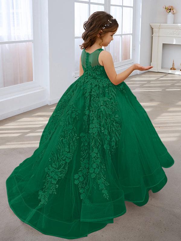 Vestido de princesa rosa para niña con apliques de encaje 