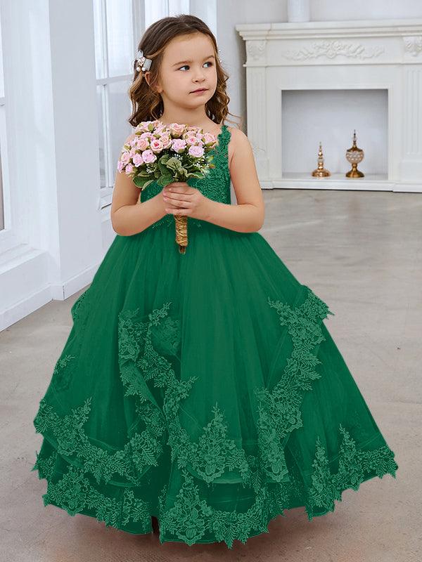 Vestido de princesa de tul sin mangas con apliques de encaje y cola larga para niñas 