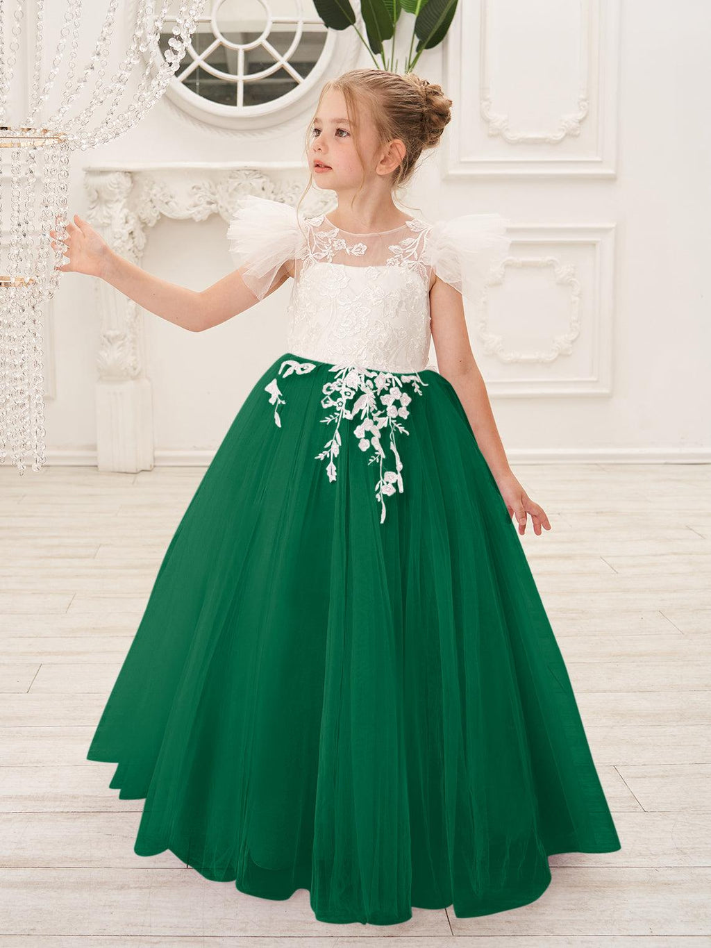 Abnehmbares Blumenmädchenkleid aus Spitze und Tüll mit Schleppe 
