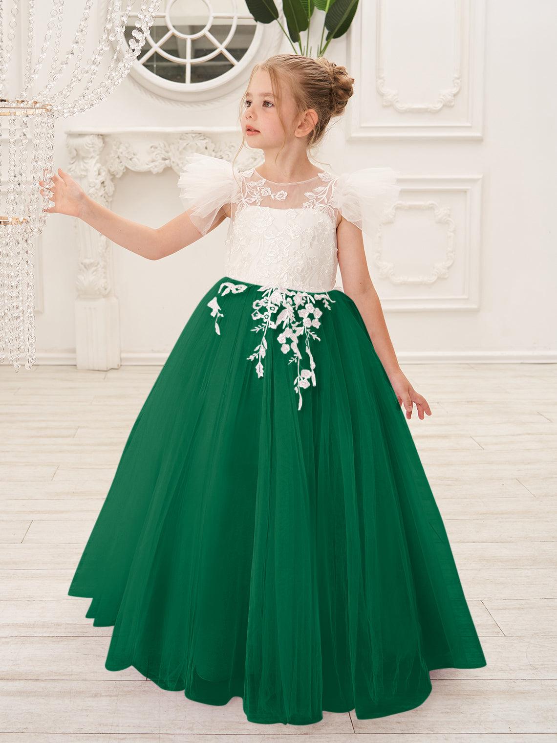 Abnehmbares Blumenmädchenkleid aus Spitze und Tüll mit Schleppe 