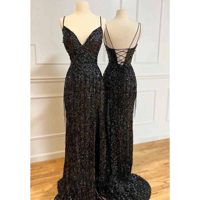 Vestido de fiesta sexy con escote en V y lentejuelas negras brillantes 