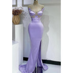 Vestido de noche para fiesta de graduación, sin tirantes, con escote en forma de trompeta y cuentas y abertura lateral 