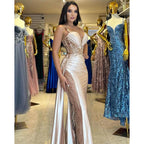 Vestido de fiesta largo de satén con encaje y lentejuelas fruncidas 