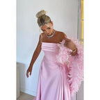Vestido formal de fiesta, sencillo e informal, sin mangas, con hombros descubiertos y fruncido, de corte A