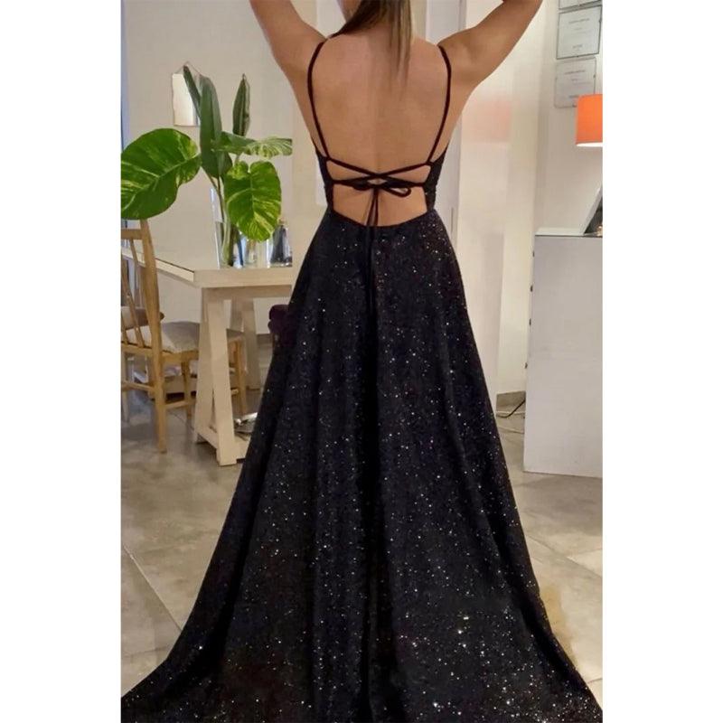 Vestido de fiesta negro brillante con escote en V pronunciado y bolsillos 