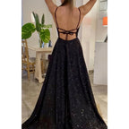 Vestido de fiesta negro brillante con escote en V pronunciado y bolsillos 