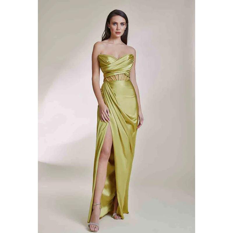 Vestido de noche largo de satén fruncido con cuentas, sin mangas y escote en V, sin tirantes