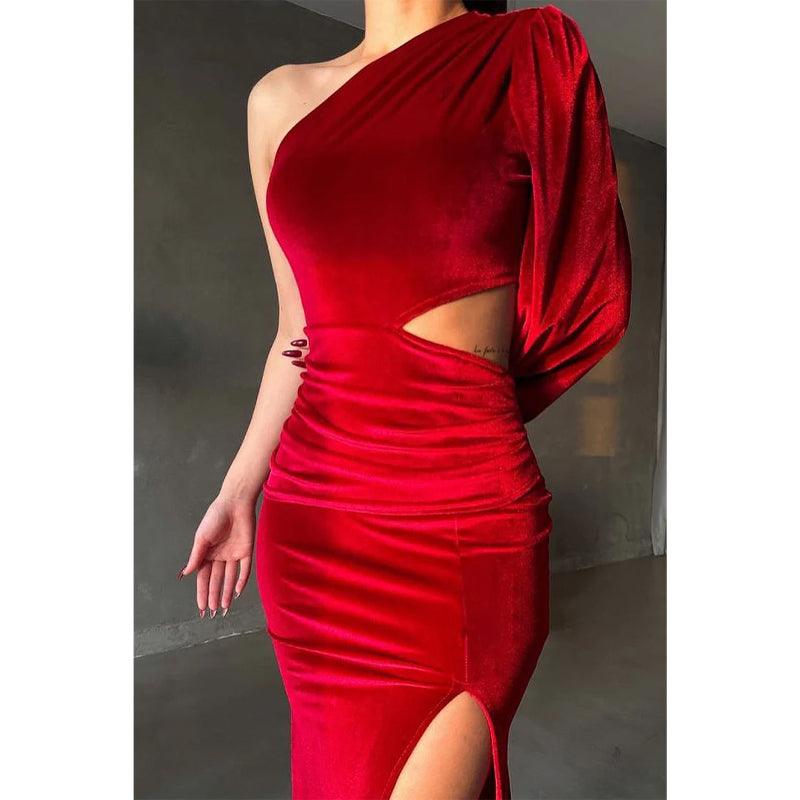Vestido de noche largo de terciopelo burdeos con un solo hombro y corte tubo/columna 