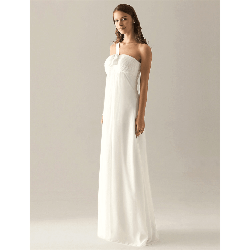 Vestido de dama de honor con corte tubo/columna, un hombro, sin mangas, elegante, largo hasta el suelo, de gasa con lazo(s), pliegues y fruncido.