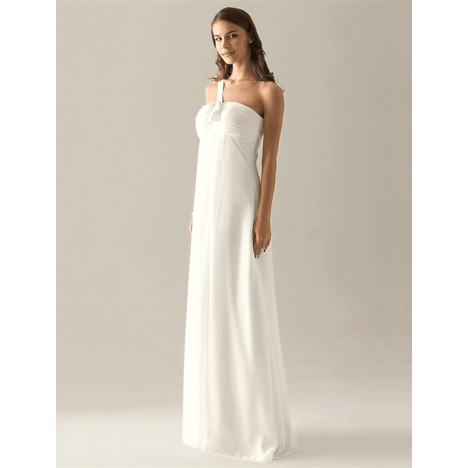 Vestido de dama de honor con corte tubo/columna, un hombro, sin mangas, elegante, largo hasta el suelo, de gasa con lazo(s), pliegues y fruncido.