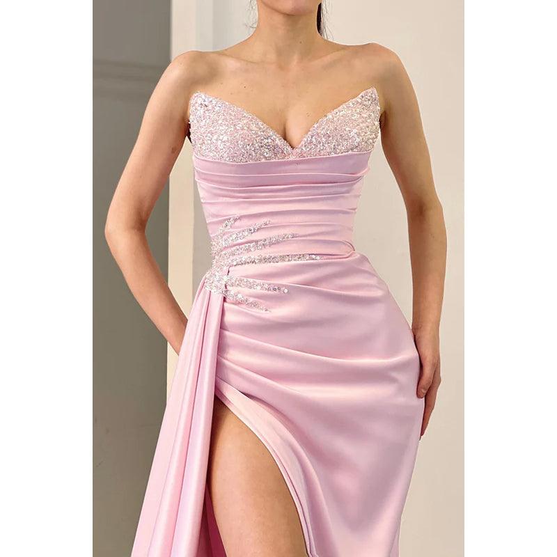 Vestido de noche largo con escote en V, sin tirantes, con lentejuelas y cuentas fruncidas