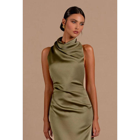 Sexy Halter Backless Satin Sheath Long Evening Dress With Side Slit