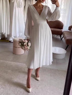 NumberSea Kleine weiße Kleider Brautkleider A-Linie V-Ausschnitt Langarm Wadenlang Chiffon Brautkleider Mit Falten Einfarbig