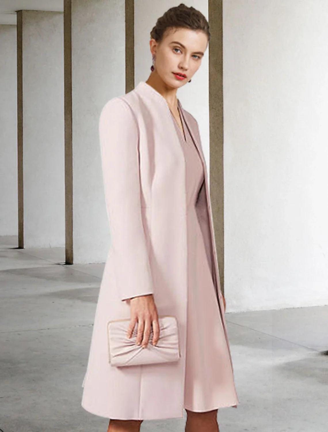 Zweiteiliges A-Linien-Kleid für die Mutter der Braut, Hochzeitsgast, Kirche, elegant, V-Ausschnitt, knielang, Chiffon, kurzärmelig, Jackenkleider mit Volltonfarbe, Herbst