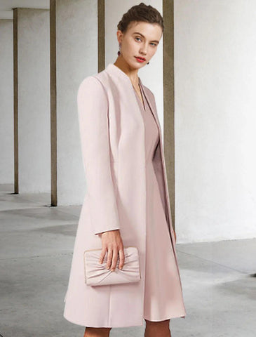 Two Piece A-Line Mother of the Bride Dress Wedding Guest Church Elegant V Neck Knee Length Chiffon Short Sleeve Jacket Dresses with Solid Color Fall