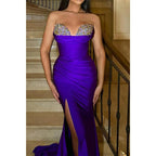 Sweetheart Strapless Pleats Beaded with Side Slit Train Party Prom Evening Dress