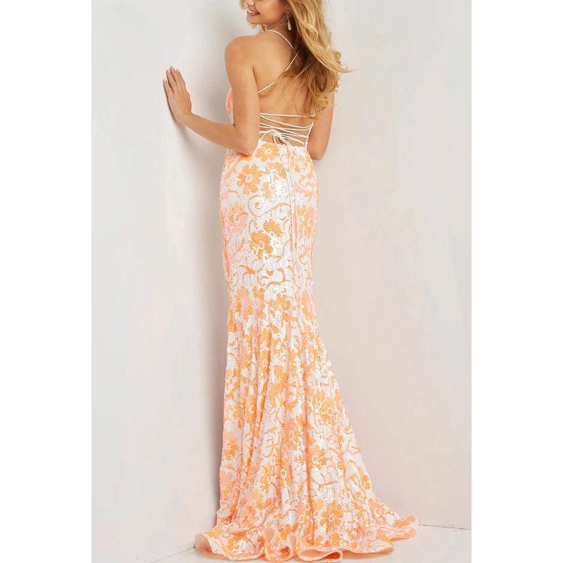 V-Neck Spaghetti Straps Floral Sequined Sheath Long Prom Evening Dress