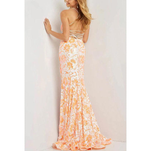 V-Neck Spaghetti Straps Floral Sequined Sheath Long Prom Evening Dress