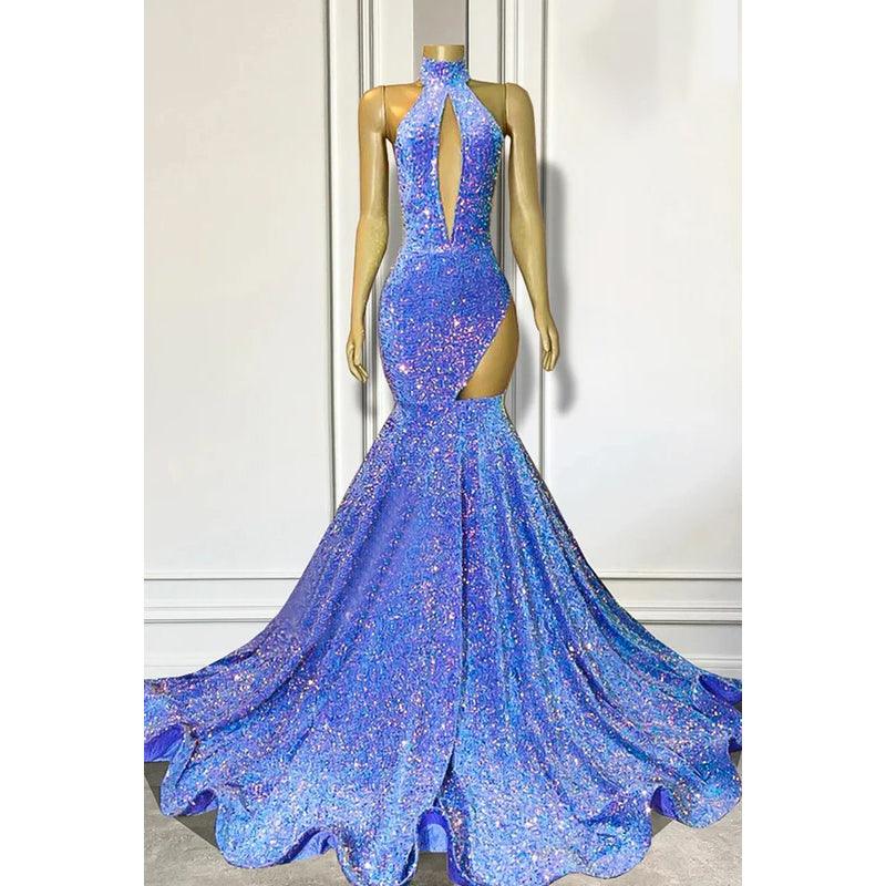 Glamouröses und dramatisches Ballkleid im Meerjungfrau-Stil mit hohem Halsausschnitt, ärmellos und Rüschen