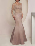 Meerjungfrau/Trompete Kleid für die Mutter der Braut, Hochzeitsgast, Party, elegant, Rundhalsausschnitt, bodenlang, Kunstseide, lange Ärmel, mit Spitzenfalten