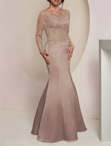 Meerjungfrau/Trompete Kleid für die Mutter der Braut, Hochzeitsgast, Party, elegant, Rundhalsausschnitt, bodenlang, Kunstseide, lange Ärmel, mit Spitzenfalten