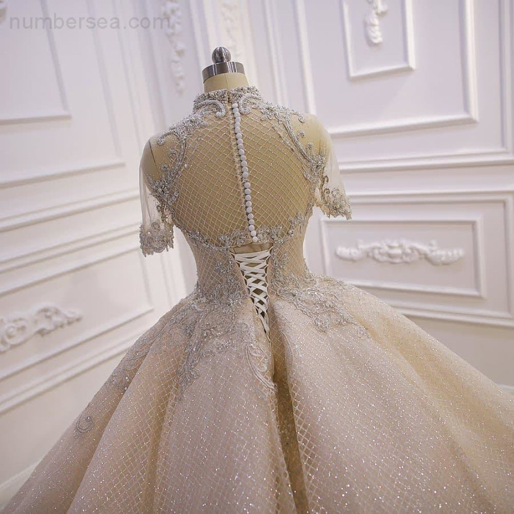 NB458 Luxury full heavy beading bridal wedding dress custom order with long train dubai weddings - numbersea